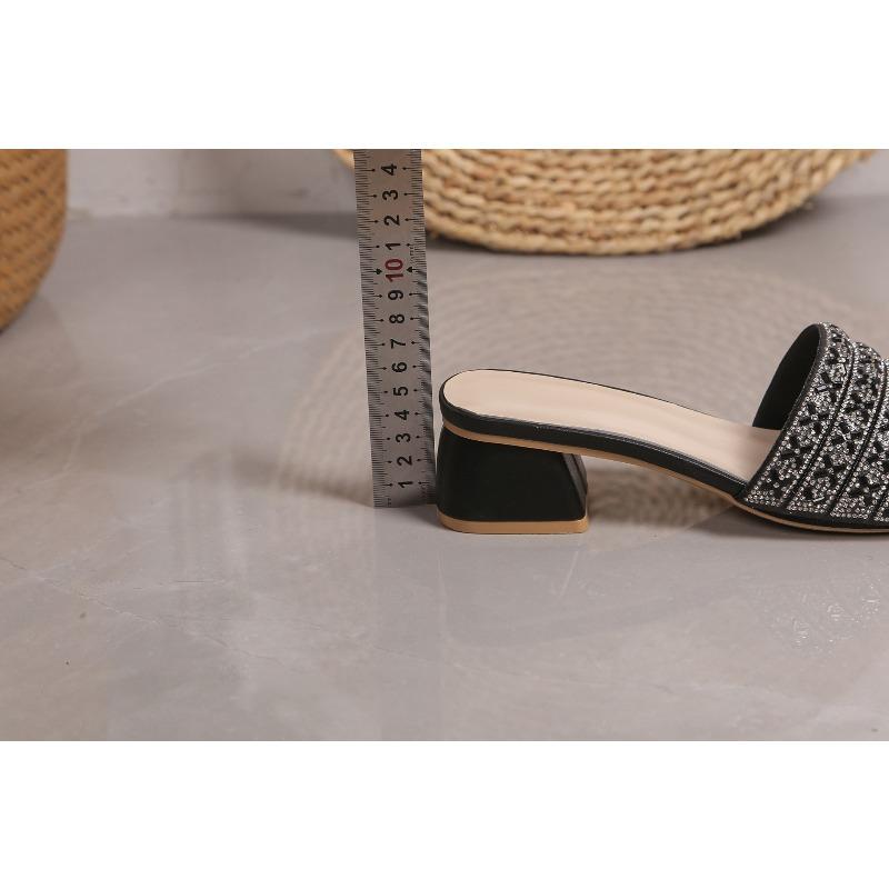 Women's European American Fashion One Strap Rhinestone High Heel Chunky Heel Slide Sandals