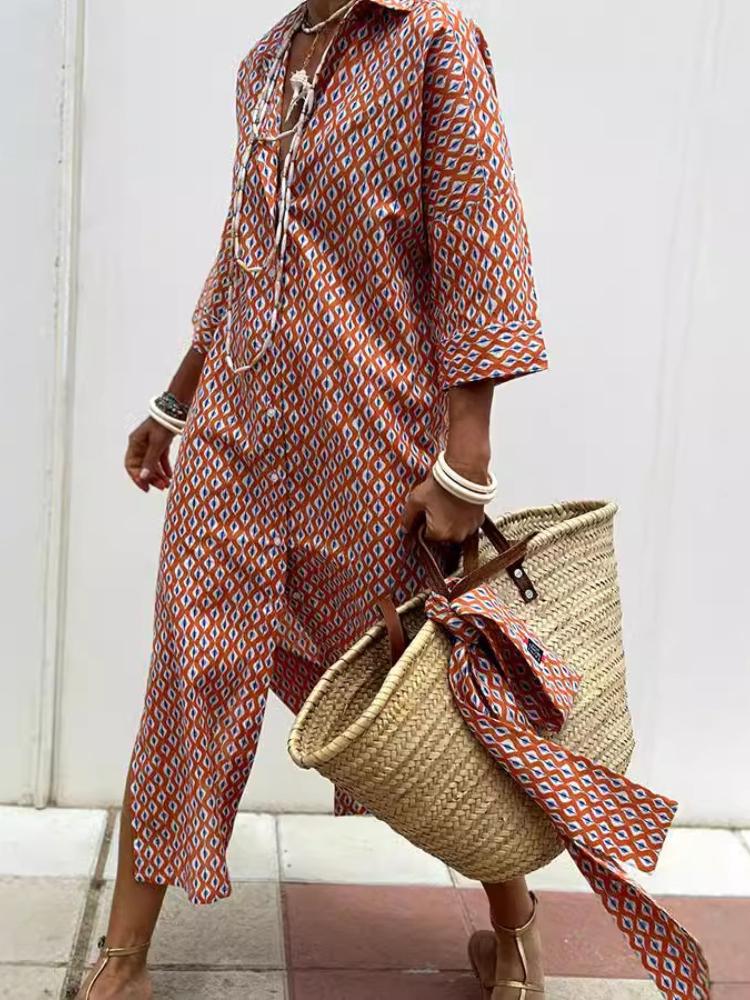 

Осеннее полосатое платье-рубашка с рукавом три четверти и двумя боковыми разрезами для женщин 2XL