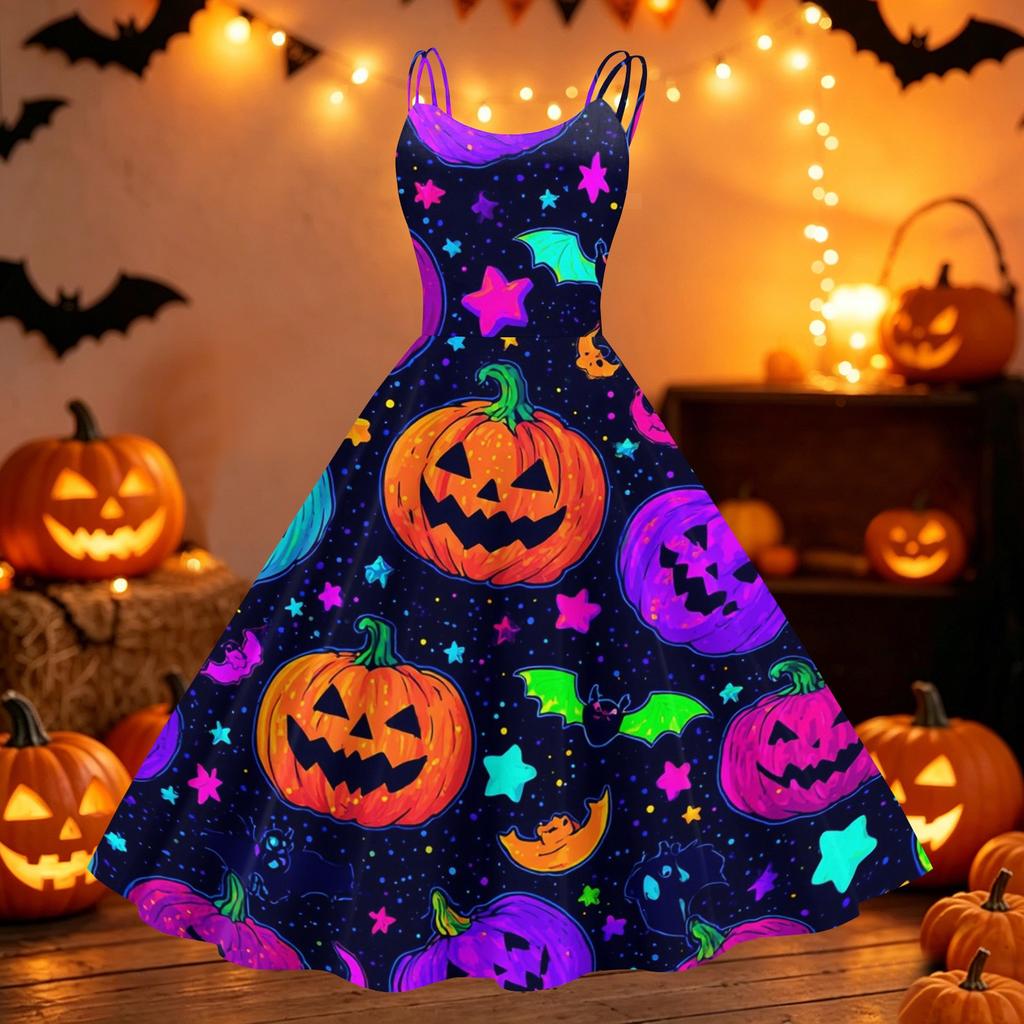 Women Halloween Printed Off Shoulder Punk Vintage Dress Sleeveless Spaghetti Strap A-Line Midi Dress