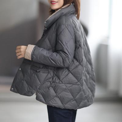 Autumn and Winter Turn Stand-up Collar Buckle Pocket A-shaped Cape Loose Rhombus Grid Warm Down Jacket Color Matching Jacket Women