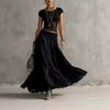 Women's Short Sleeve Lace Trim Top and High Waist Sheer Maxi Skirt 2 Piece Casual Set
