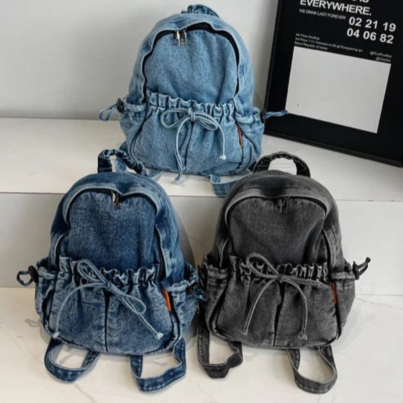 Schoolbag Women's Black Denim Bow Zipper Bag Portable Mochila Fashionablemochilas Mujer Practical Backpacks Backpack Casual Commuter Bags For Woman