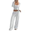 Women's Striped 2 Piece Outfits Long Sleeve Square Neck Cropped Top Drawstring Wide Leg Pants Set Casual Lounge Sweatsuits