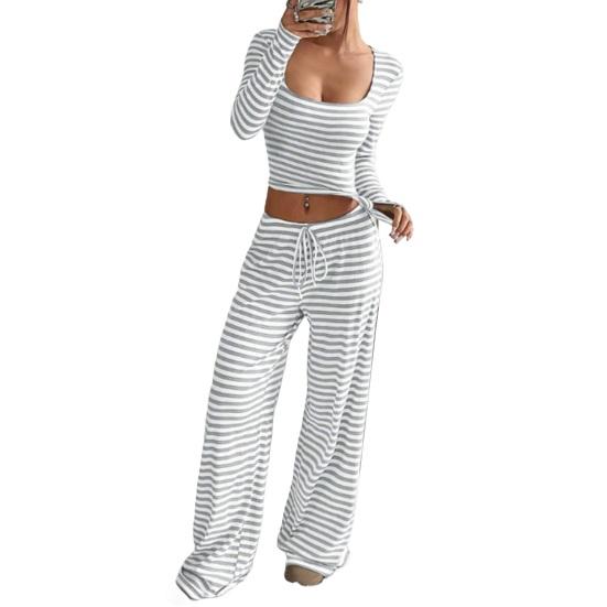 Women's Striped 2 Piece Outfits Long Sleeve Square Neck Cropped Top Drawstring Wide Leg Pants Set Casual Lounge Sweatsuits