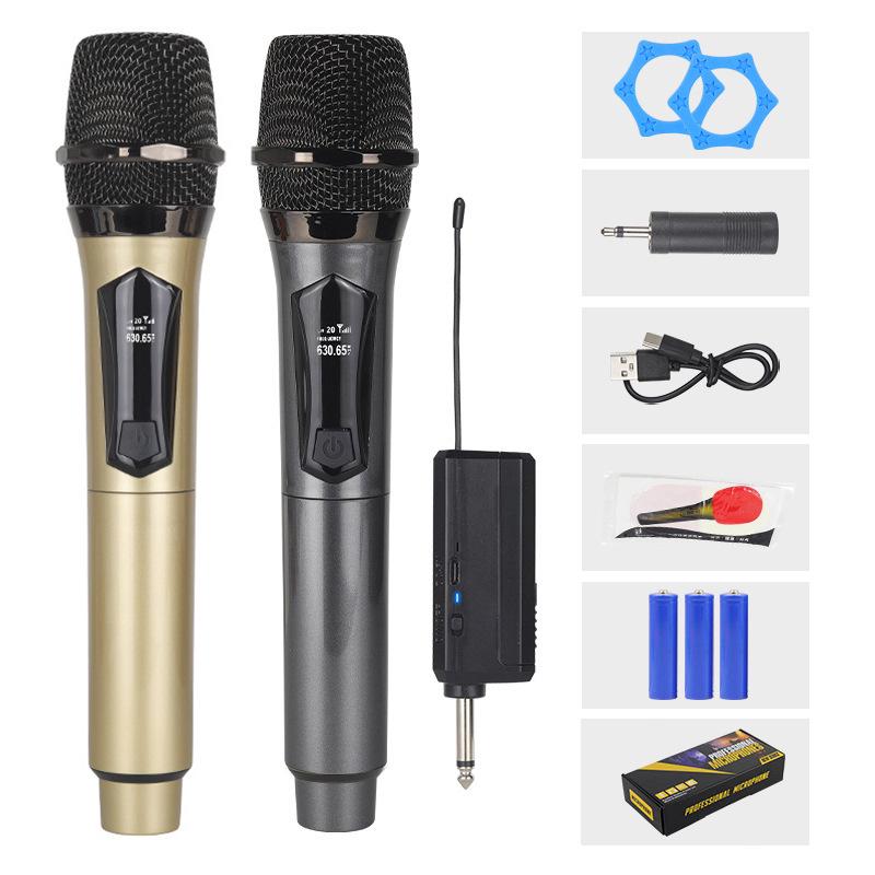 

Подвійний бездротовий ручний мікрофонний комплект із зарядкою для трансляцій, зустрічей та співу на відкритому повітрі