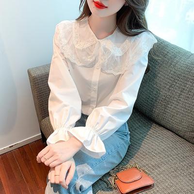 Frühling Mode Slim Fit Frauen Weiß Casual Shirts Puppe Kragen Langarm Spitze Weibliche Bluse