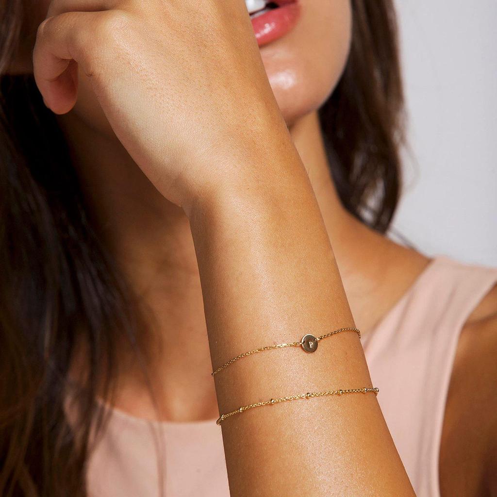 18K Gold-Plated Stainless Steel Double Layer Bead and Cross Chain Bracelet with Etched 26 Letters