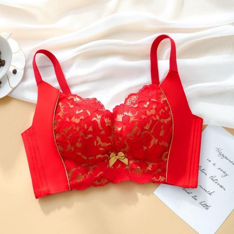 Cream Yellow Floral Lace Wireless Bra with Bow Detail S красный