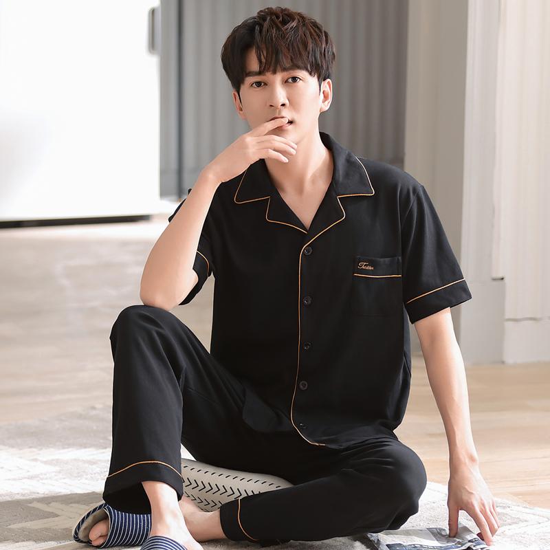 Summer Men's Short Sleeve Pajamas Set & Long Pants Male Loungewear Plus Size Cardigan Cotton Middle-aged Dad Pijamas Hombre