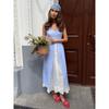 Summer New Blue Plaid Fake Two-piece Splice Single-breasted Strap Dress for Women European & American Style