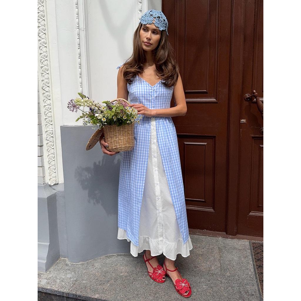 Summer New Blue Plaid Fake Two-piece Splice Single-breasted Strap Dress for Women European & American Style