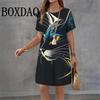 New Dresses Women Outdoor Fashion Short Sleeve Abstract Animal Cat Pattern Print Dress Casual Loose A-Line Dresses