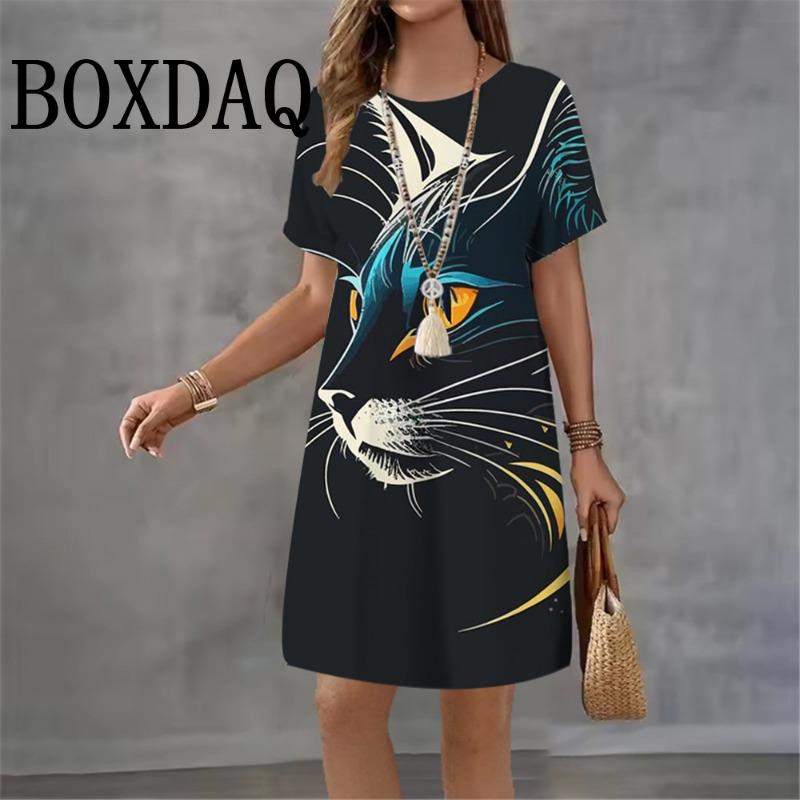 

New Dresses Women Outdoor Fashion Short Sleeve Abstract Animal Cat Pattern Print Dress Casual Loose A-Line Dresses S