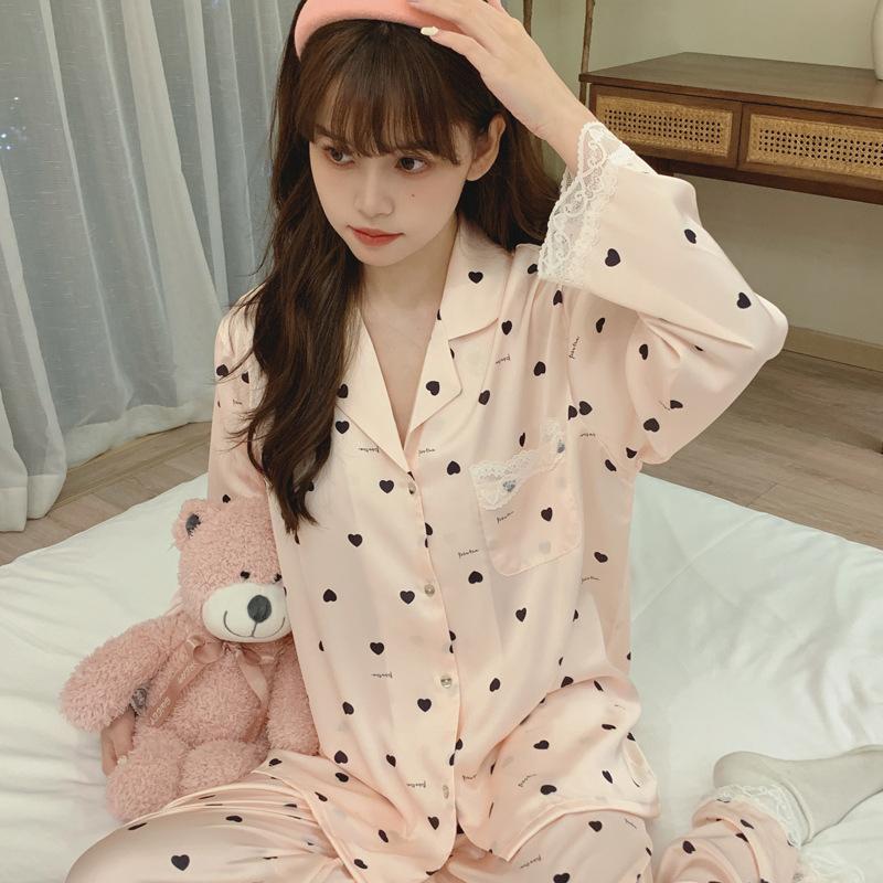 Spring and Autumn Ice Silk Pajamas Women's 1011 Polka Dot Simulation Silk Sweet and Cute Lace Loungewear Set