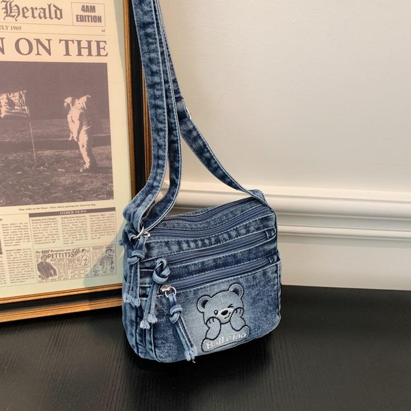 Denim Small Square Bag Embroidered Mobile Phone Bag Women's Shoulder Crossbody Bag