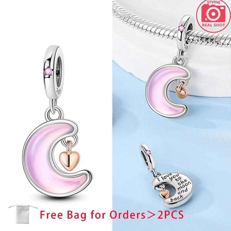 Original Copper Charms Pink Moon Cat Star Heart Love Zircon Beads Pendant Fit Diy Bracelet Necklace Women Jewelry Blue Gift