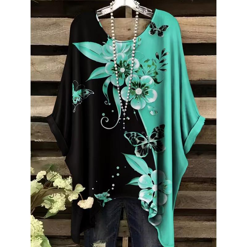 Bohemian Chic Women's T-Shirt Vintage Floral Graphic O-Neck Pullover Short Sleeve Tees Oversized Irregular Hemline  Clothes