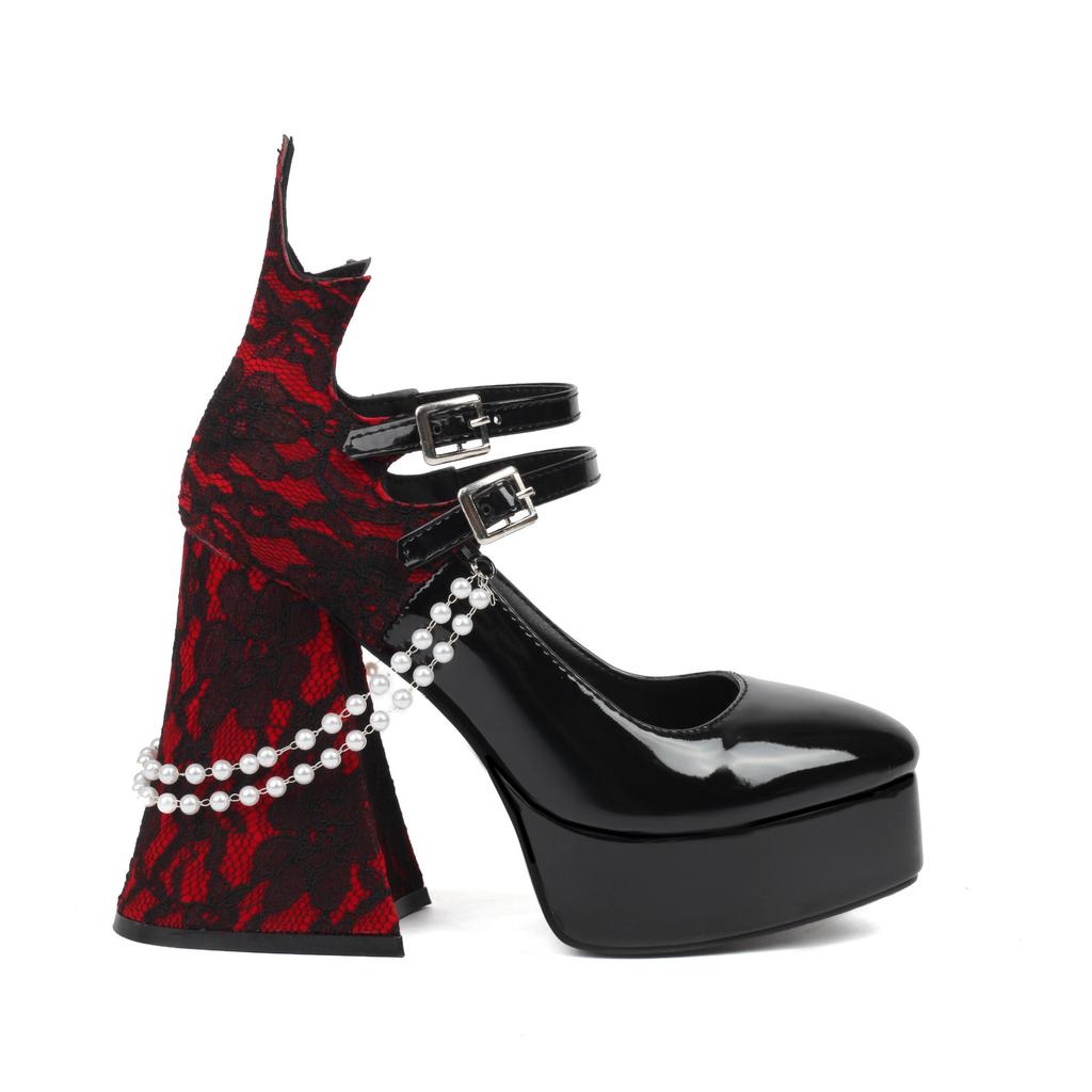 New Retro Pearl Lace Mary Jane Shoes Women's One-word Buckle Spring and Autumn New Thick Heel Sweet High Heels