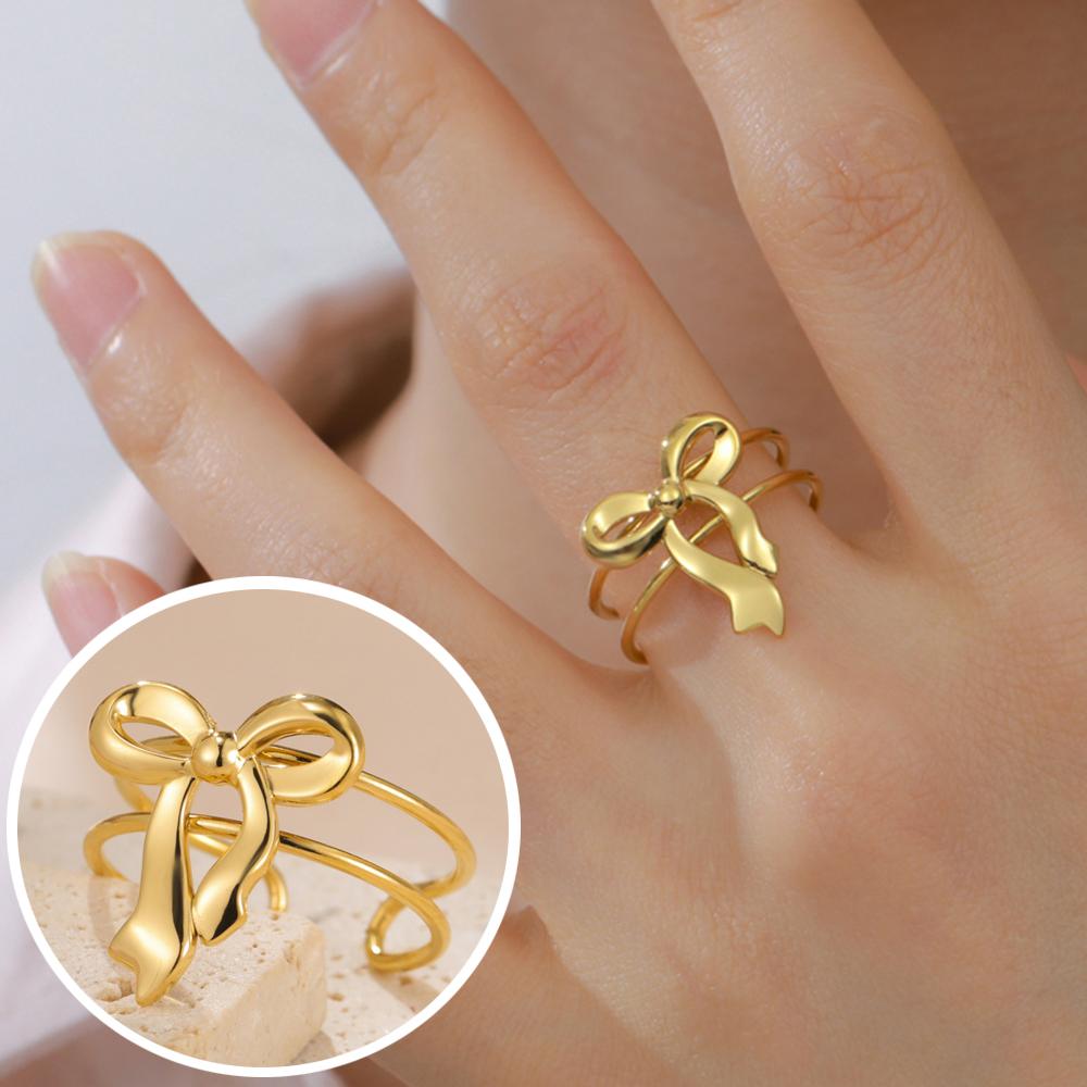 My Shape Bowknot Ring for Women Gold Color Bow Rings Stainless Steel Finger Rings Adjustable Size Delicate Jewelry Wholesale