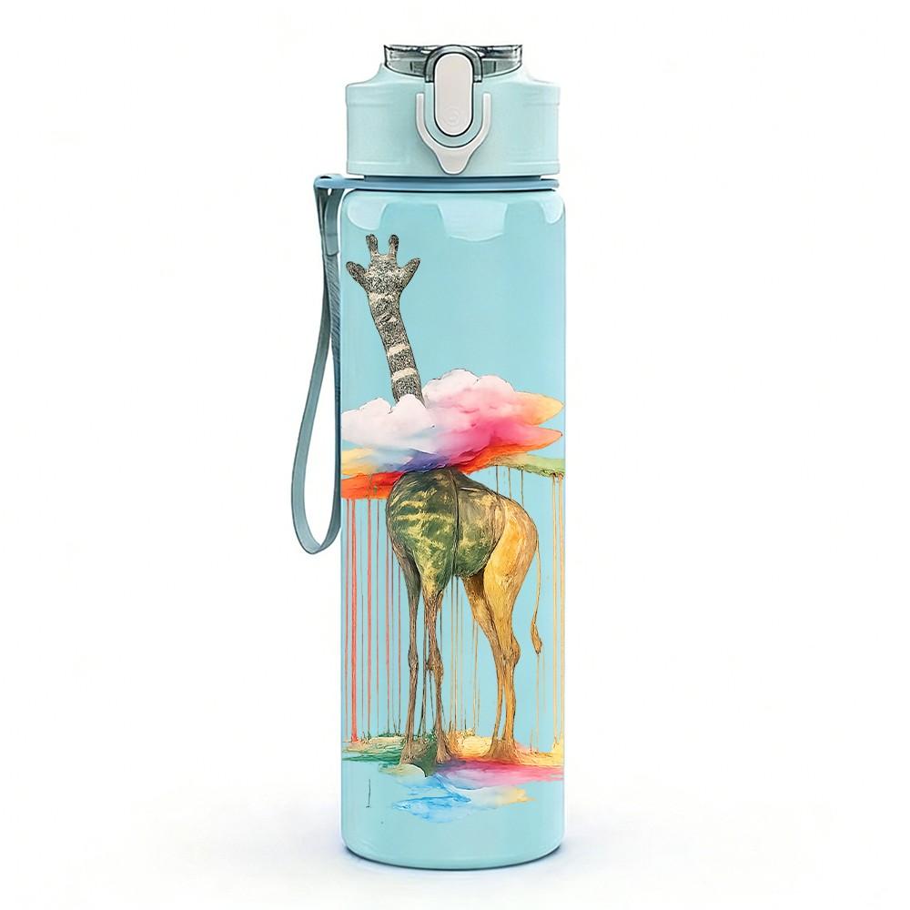 1PC Giraffe Watercolor Animal Print 750ml Color Plastic Sports Water Bottle Leakproof Flip Straw Lid Suitable for Sports Office Home Use