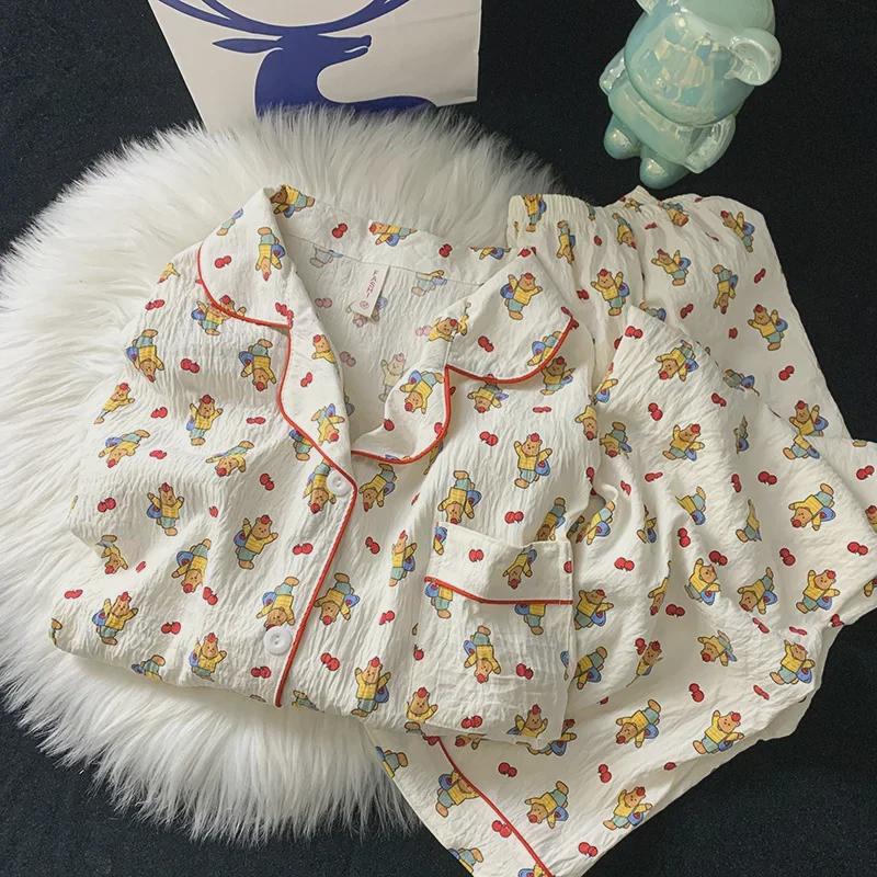 "Dámské bavlněné pyžamo s třešňovým medvídkem - Jaro/Podzim, Dlouhý rukáv, Roztomilý kreslený svršek"