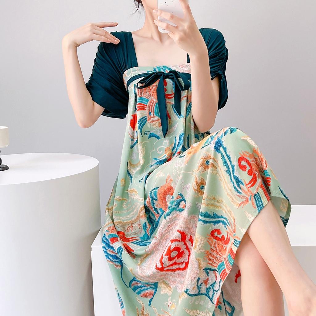 Women's nightgown thin short-sleeved printing light luxury simple breathable casual loungewear long skirt can be worn outside