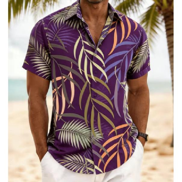 Men's short-sleeved shirt, spring and summer Hawaiian vacation-style loose-fitting casual shirt