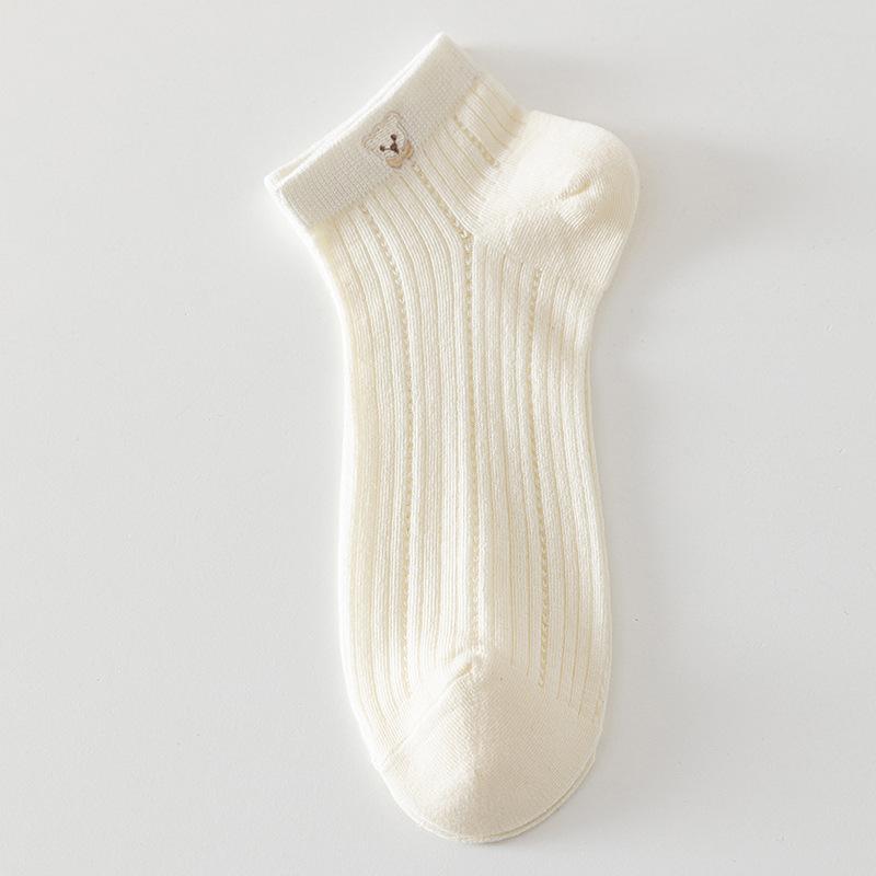 

Летние тонкие однотонные хлопковые носки для женщин, женские короткие носки с вышивкой медведя, сетчатые, дышащие 1 pair молочный белый