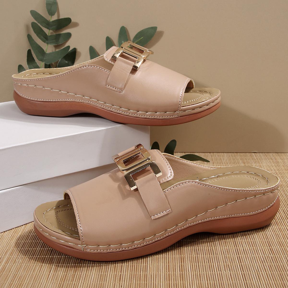 

Spring new large size solid color round head metal chain casual wear one word sandals women 44 світло-рожевий колір