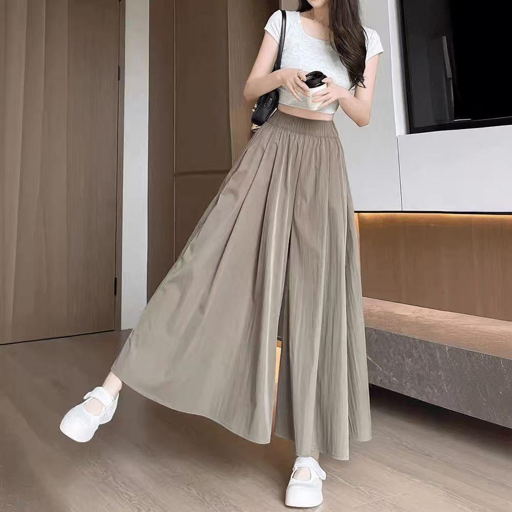 

Pocketed Ash Brown Yamamoto High-Waisted Wide-Leg Skirt Pants - Women s Plus Size Casual Slimming Outfit S (80-95 lbs)