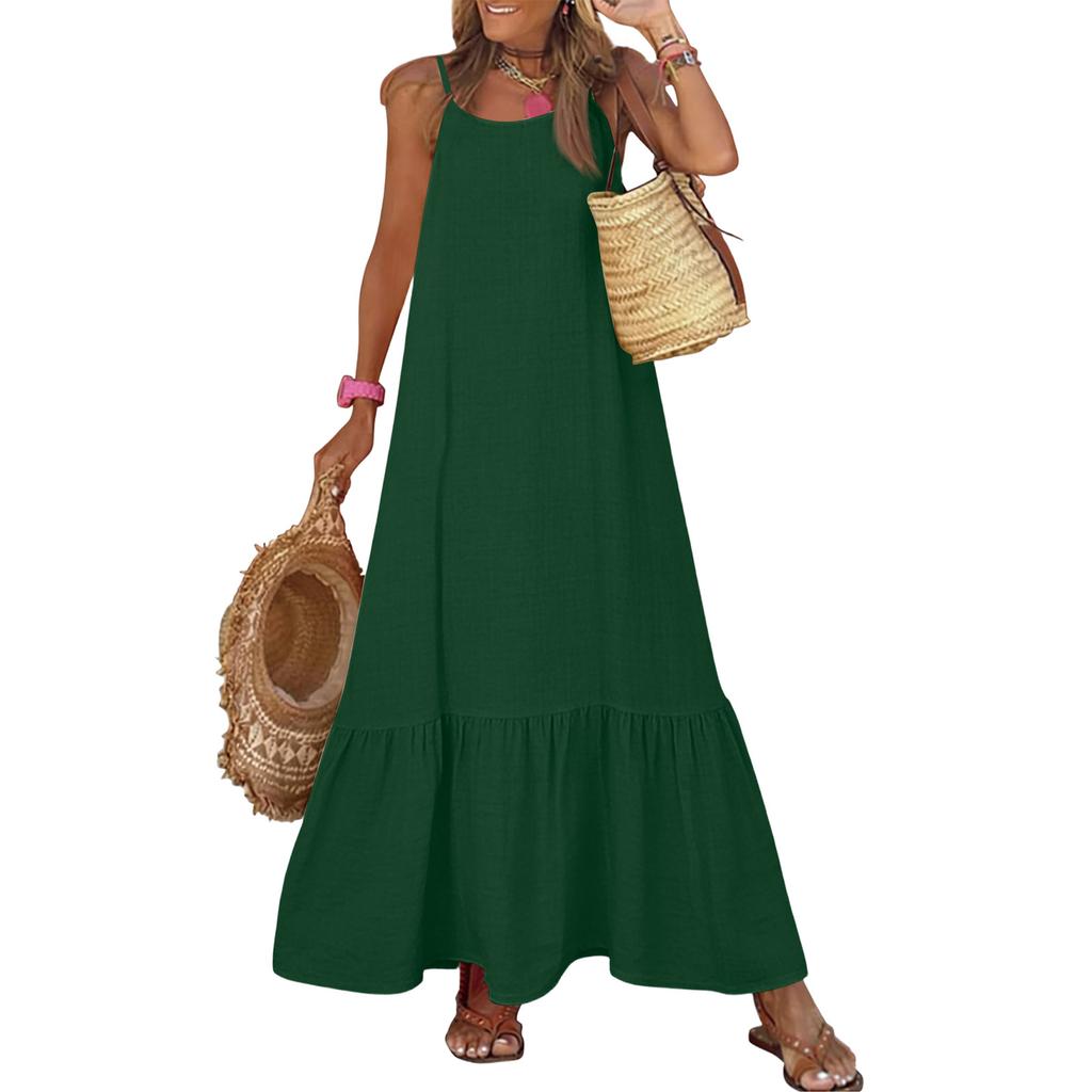Women Summer Dresses  Spaghetti Strap Scoop Neck Smocked Ruffle Flowy Boho Maxi Dress