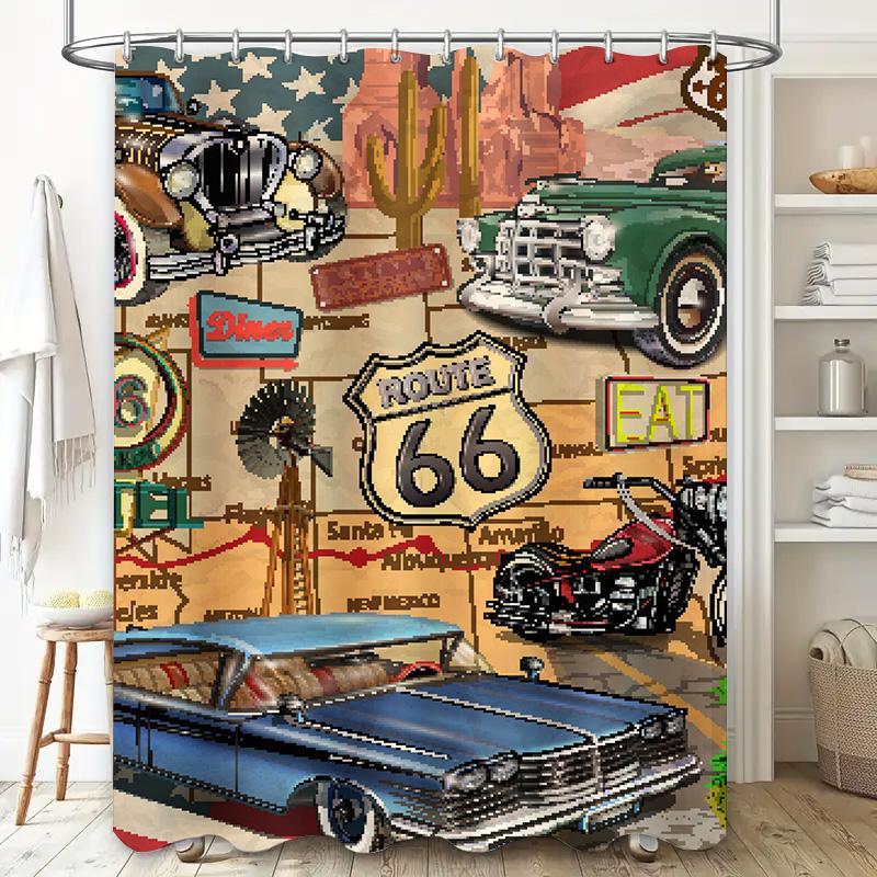 Vintage Route 66-Themed Car Shower Curtain For Bathroom Decor Pixel Art Style Retro Design Featuring Classic American Automobile