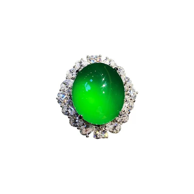 Natural Ice Transparent Green Chalcedony Agate Full Diamond Oval Ring Women's Retro Fashion Temperament Light Luxury Personality Versatile Ring