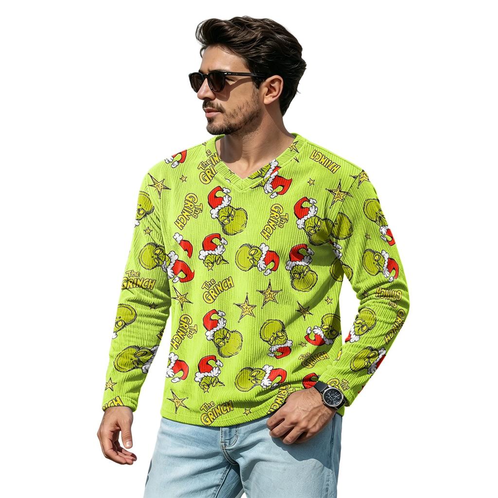 Men's Casual Loose Fit V-Neck Shirt with Christmas Print for Holiday Occasions