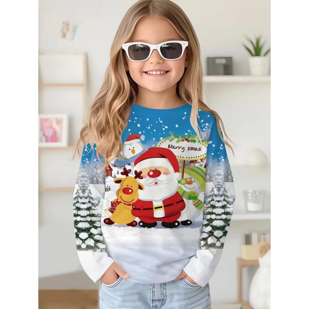 Christmas Santa Claus Print Girl Clothes Autumn Children Top Round Neck Long Sleeve Fashionable Comfortable Breathable Versatile Sports T-shirt