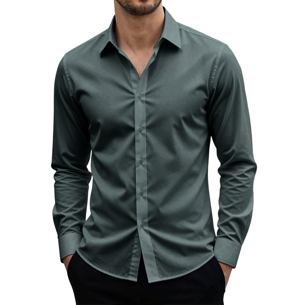 Men Long Sleeve Stretch Shirt Anti Static Breathable Wrinkle Resistant Fade Resistant Button Down Solid Business Formal Dress Shirt