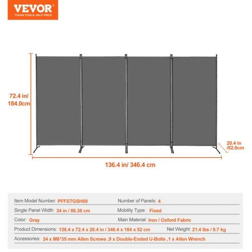 VEVOR Room Divider, 4 Panels Room Divider, Folding Privacy Screen and Portable Partition Divider for Room Separation