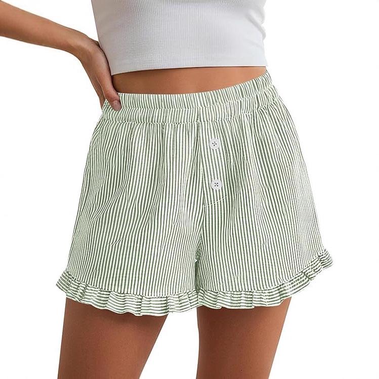 Women's Y2K Ruffle Striped Casual Shorts with Pockets - Spring/Summer Pajama Beachwear