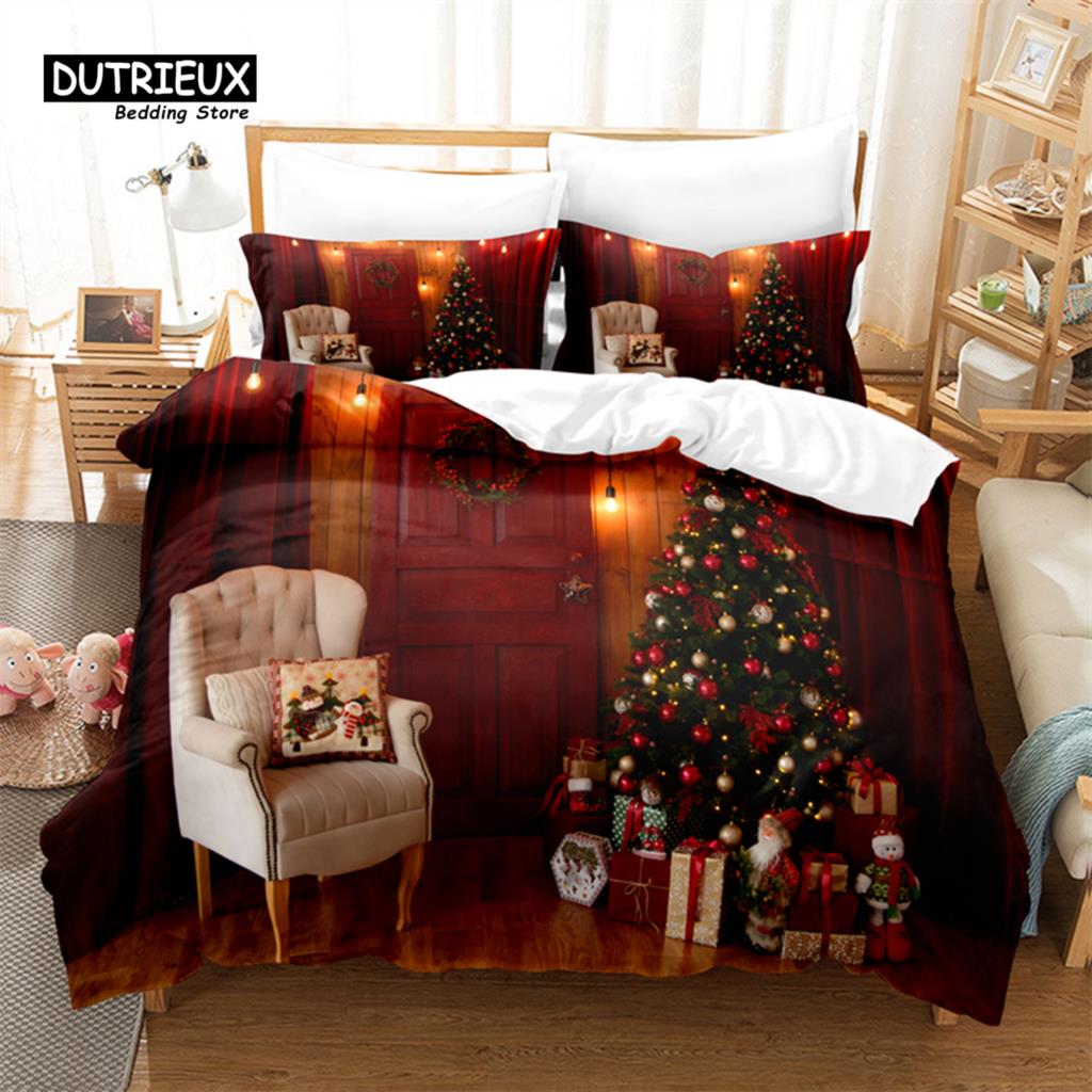 Fireplace Christmas Bedding Set, 3Pcs Duvet Cover Set, Soft Comfortable Breathable Duvet Cover, For Bedroom Guest Room Decor