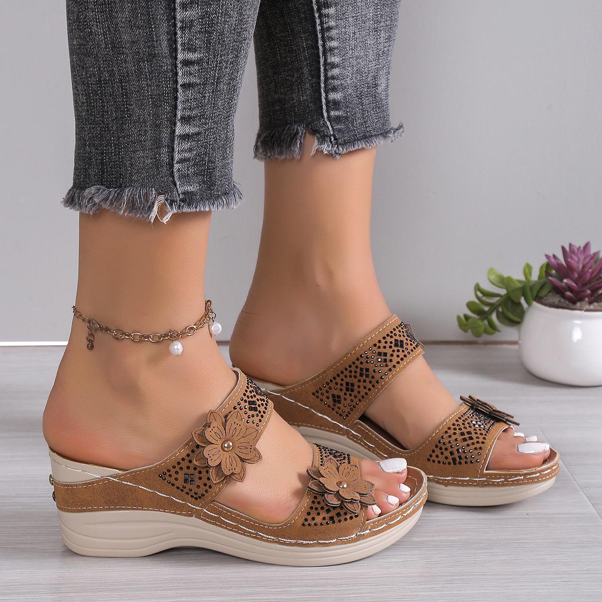 

Wedge heel sandals large size retro rhinestone casual flower one word women s wedge heel sandals 43 бордовий
