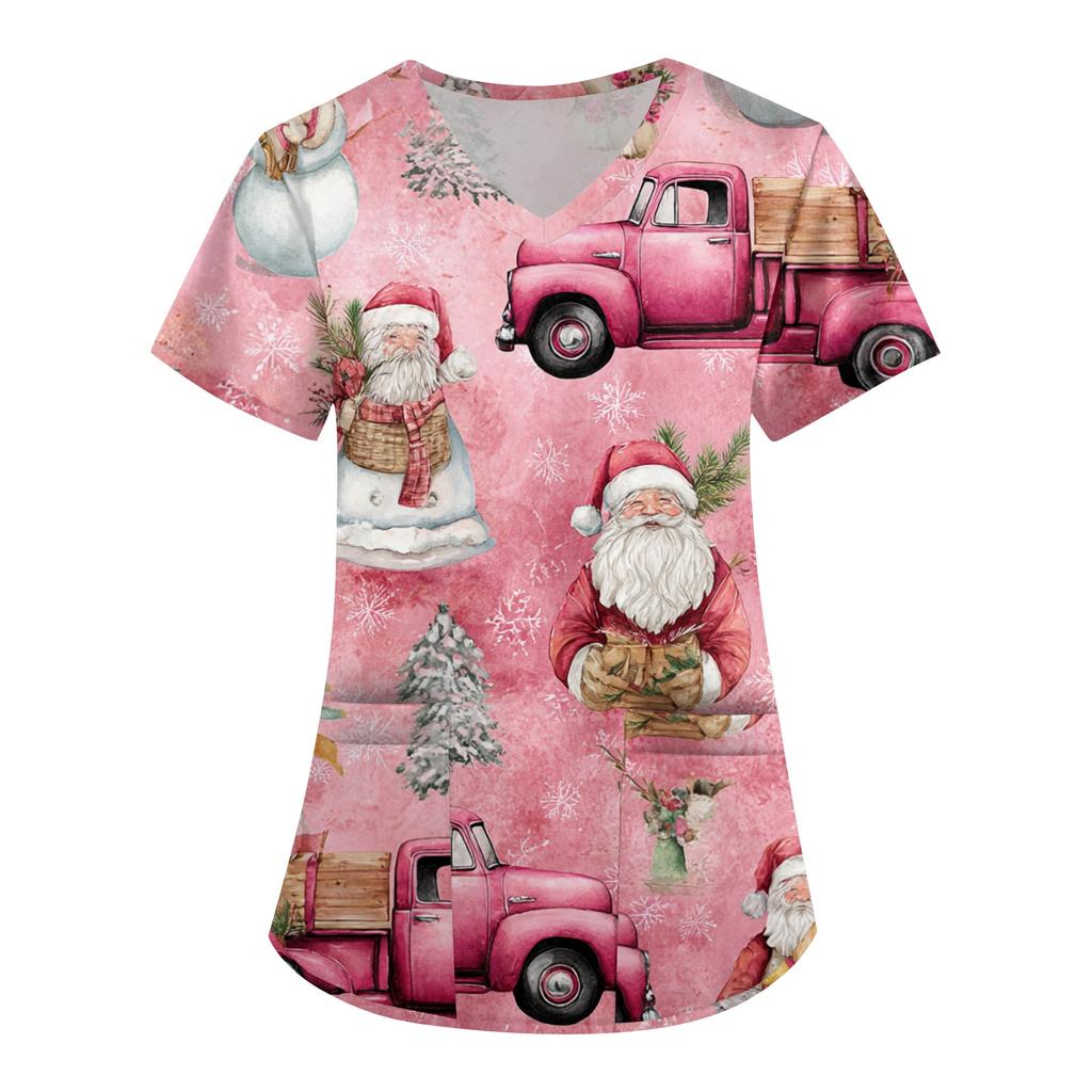 Women's Printing Uniform Work Uniform V-neck Pockets Basic Short Sleeve Pullover Top