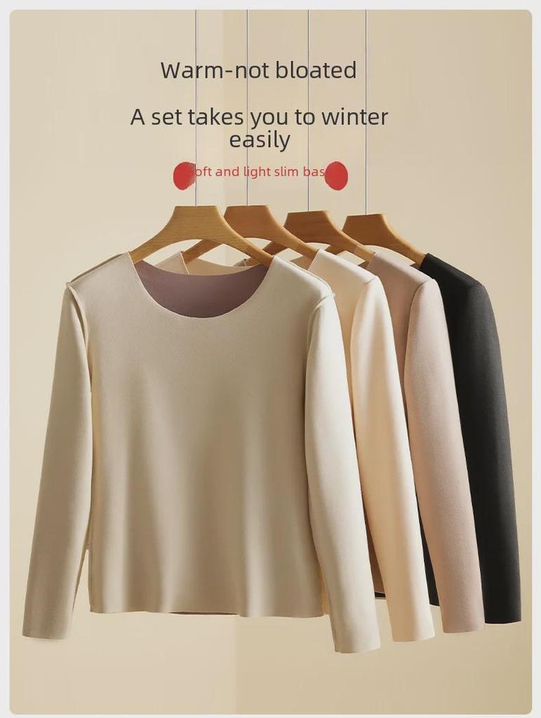 Damen Langarm Thermo-Oberteil aus deutschem Samt: Slim Fit, Rundhalsausschnitt, Einfarbig, Übergröße, Herbst/Winter Wärme.