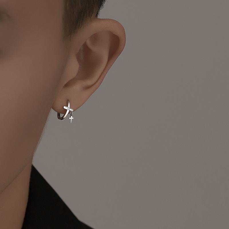 S925 Silver-Plated Double Cross Men's Stud Earrings - Trendy American Niche Design