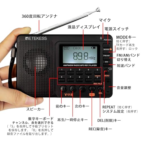 Retekess V115 Compact Shortwave Radio, AM/FM/SW, Portable, USB-C Rechargeable, Micro SD Card, MP3 Stereo, Japanese Language Support, High Sensitivity,