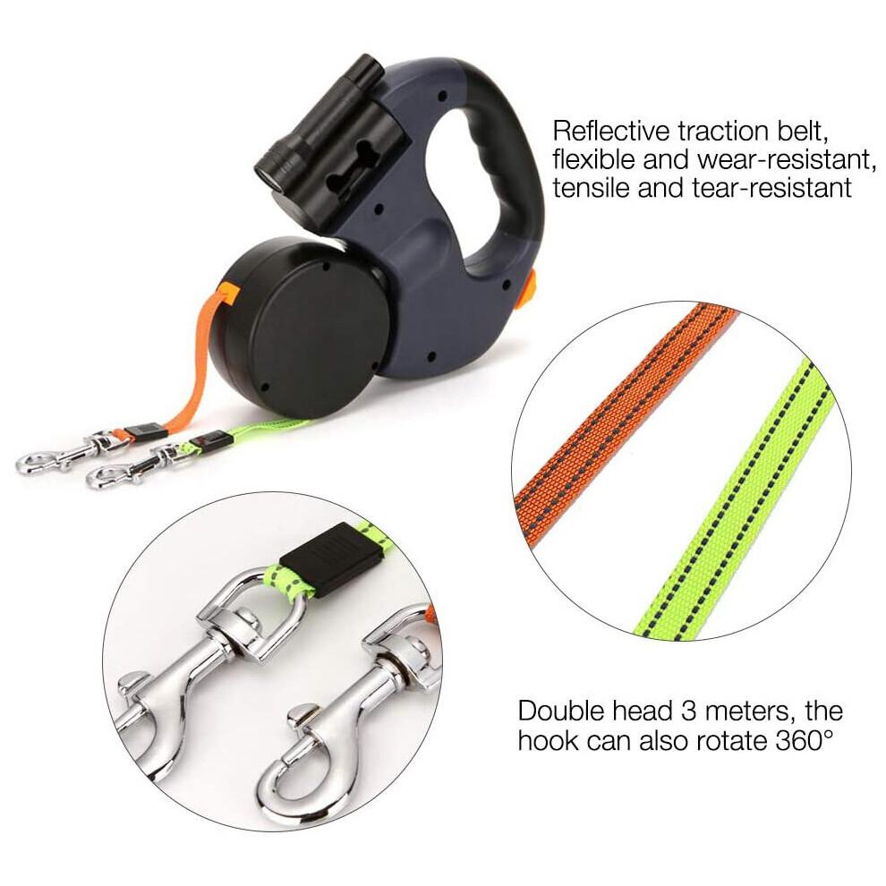 Double Retractable Dog Lead 360°No Tangle Retractable Pet Leash W/ LED