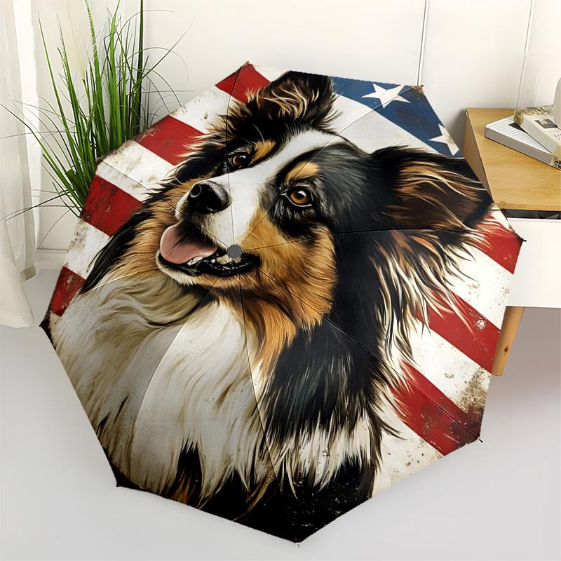 1pc Patriotic Dog Automatic Folding Umbrella, Sturdy And Durable Automatic Folding Umbrella with 8 Ribs, Convenient for Outdoor Use058