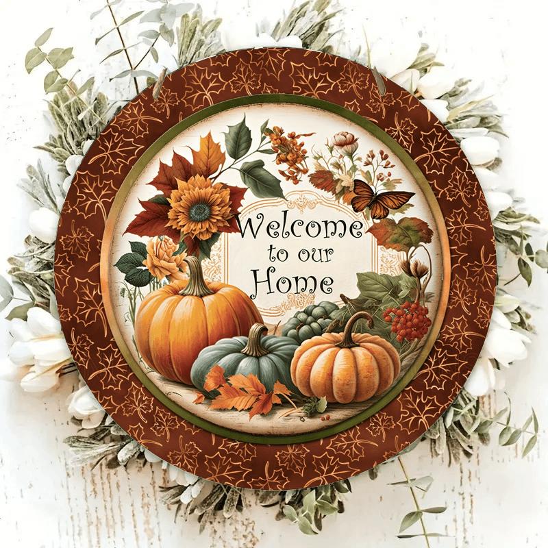 2d Flat 20*20cm, Home Decoration, Autumn Welcome Home, Pumpkin Wooden Circular Logo Creative Decoration Board, for Home, Club, Cafe Bedroom, Bar Decor