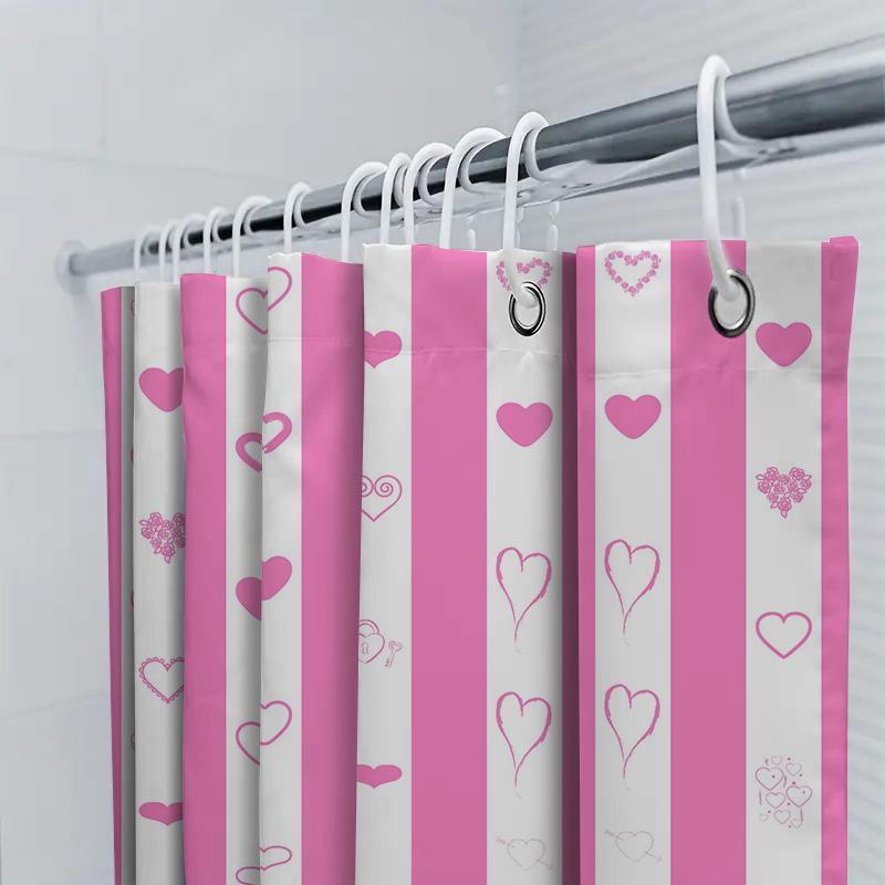 Pink White Striped Shower Curtain With Love Heart Pattern For Bathroom Decor Waterproof Fabric Shampoo Soap Bag Set Home Accesso
