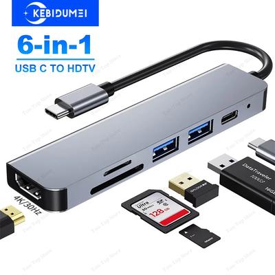 6 In 1 USB C Hub Type C 3.0 Adapter To HDMI-Compatible Adapter with TF SD Reader Slot 87W PD for Phone MacBook Computer