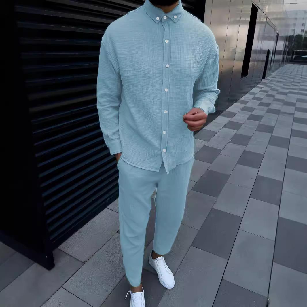 2026 Autumn Men s Wrinkled Bubble Casual Suit Long Sleeved Fashionable Workwear Long Pants Foreign Trade Two-piece Set S